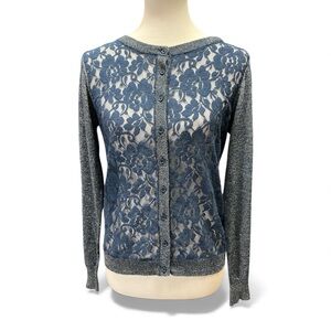 Hering Navy Floral Lace Cardigan Sweater | Metallic Gold Knit | Size Medium